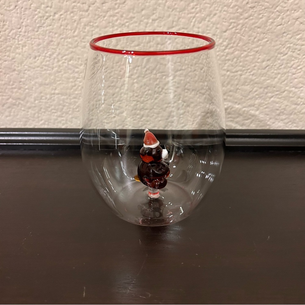 Anthropologie Jolly Icon Stemless Wine Glass Teddy Bear Santa Hat NEW - Picture 2 of 11